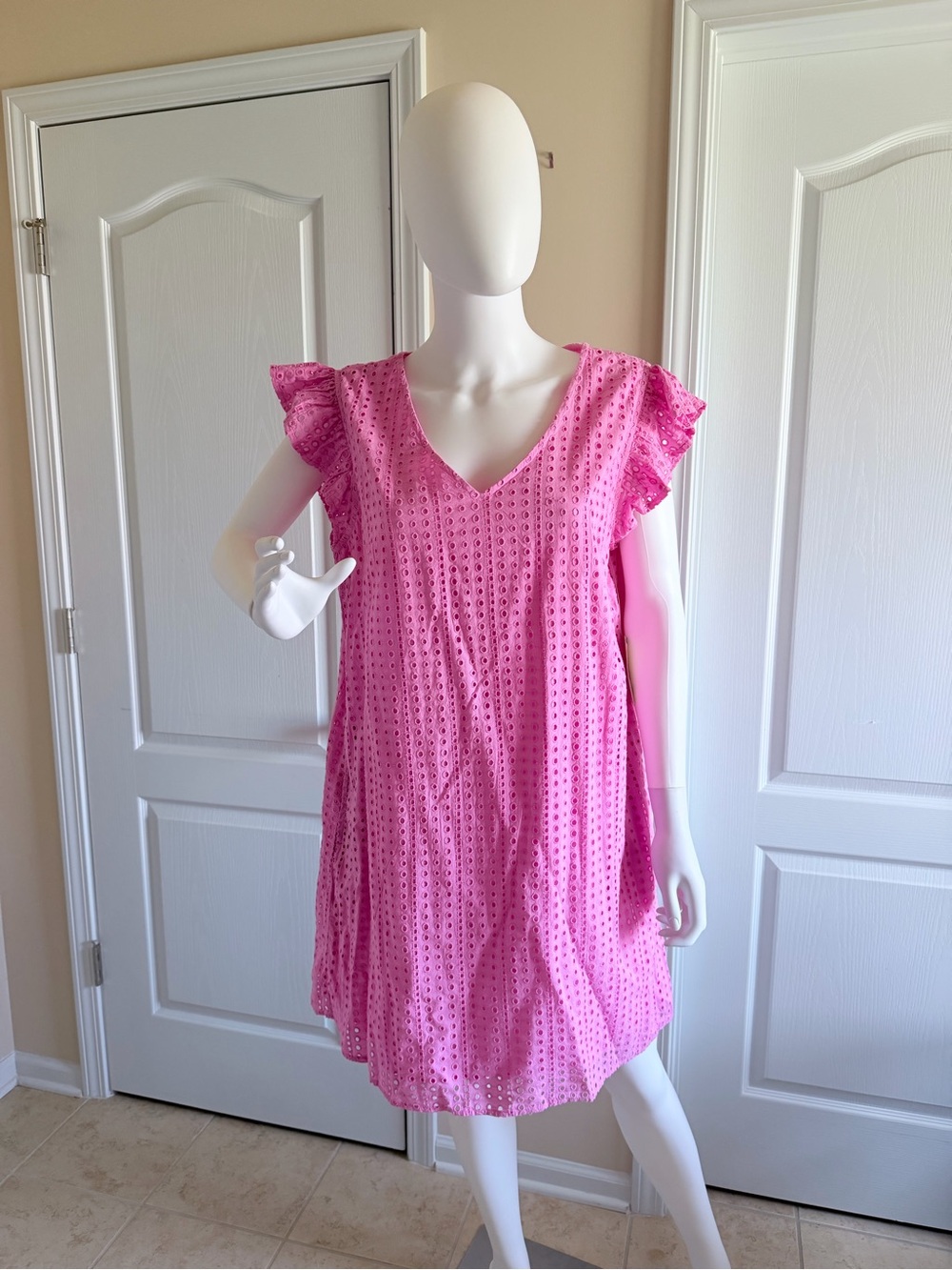NWT 100% Cotton Pink Eyelet Flutter Sleeve Shift Mini Dress W/pockets Size L